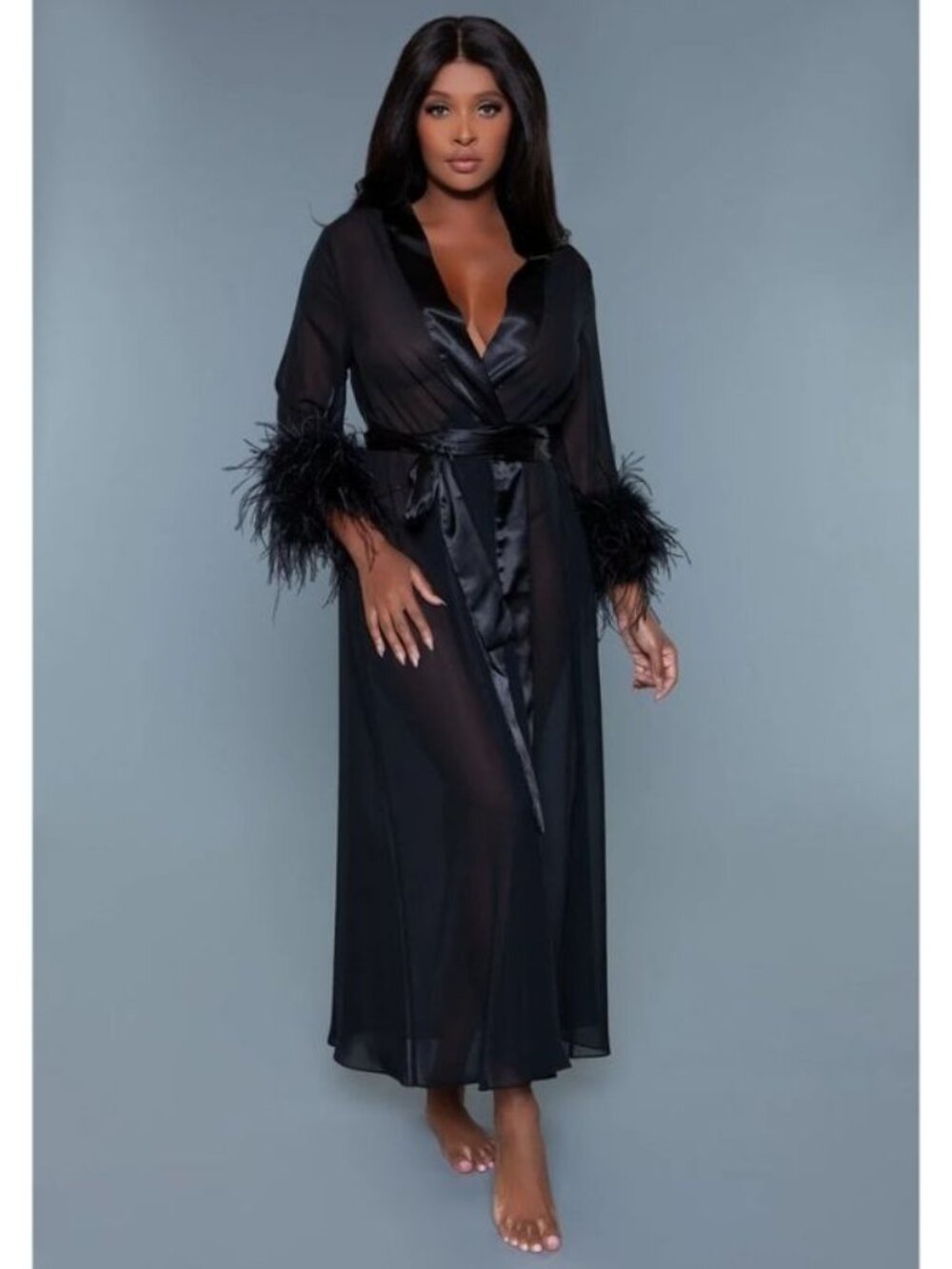 Be Wicked Black Sheer Chiffon Long Robe with Feather Cuffs & Satin Waist Tie